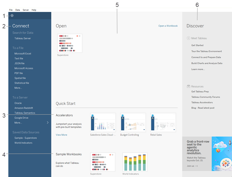 صفحة بدء برنامج Tableau