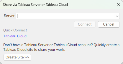 مربع حوار المشاركة عبر Tableau Server أو Tableau Online