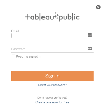 شاشة تسجيل الدخول إلى Tableau Public