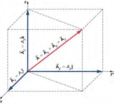 الشكل 2.22: المتجه في الفضاء ثلاثي الأبعاد هو مجموع متجه لمكوناته الثلاثة المتجهية