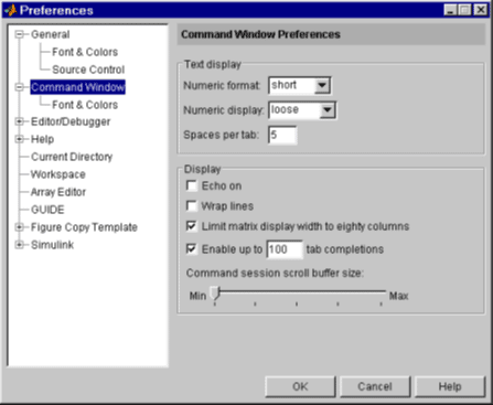 مربع حوار التفضيلات ويظهر تفضيلات نافذة الأوامر Command Window Preferences