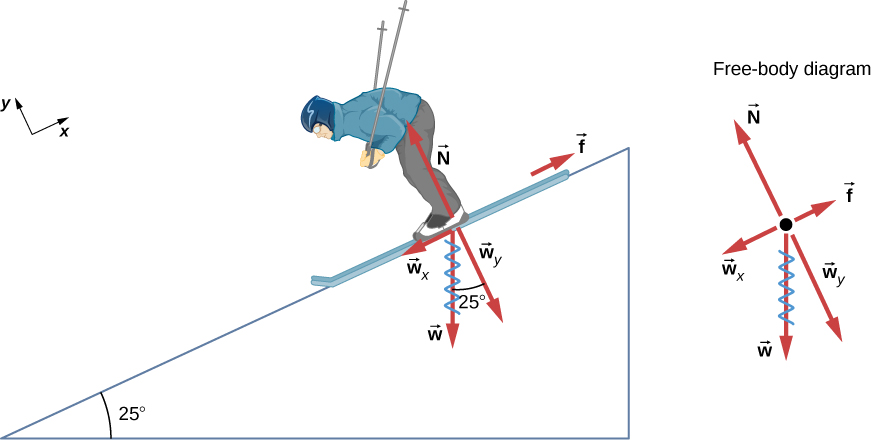 الشكل 5.22: شخص يتزلج على الجليد والقوى التي تعمل أثناء التزلج على منحدر - القوى الشائعة