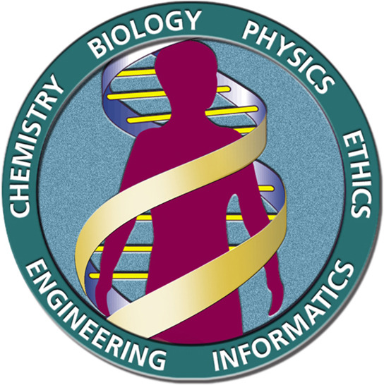 شكل 1.9: يظهر شعار مشاريع الجينوم البشري، وهو يصور إنسانًا داخل حلزون مزدوج DNA. تحيط بالصورة الدائرية كلمات الكيمياء وعلم الأحياء والفيزياء والأخلاق والمعلوماتية والهندسة
