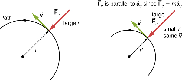 شكل 6.20: توفر قوة الاحتكاك قوة الجذب المركزية وتساويها عدديًا. القوة الجاذبة المركزية عمودية على السرعة وتسبب حركة دائرية منتظمة. كلما كانت Fc أكبر، كان نصف قطر الانحناء r أصغر وكان المنحنى أكثر حدة. المنحنى الثاني له نفس v، لكن F أكبر تنتج r أصغر.